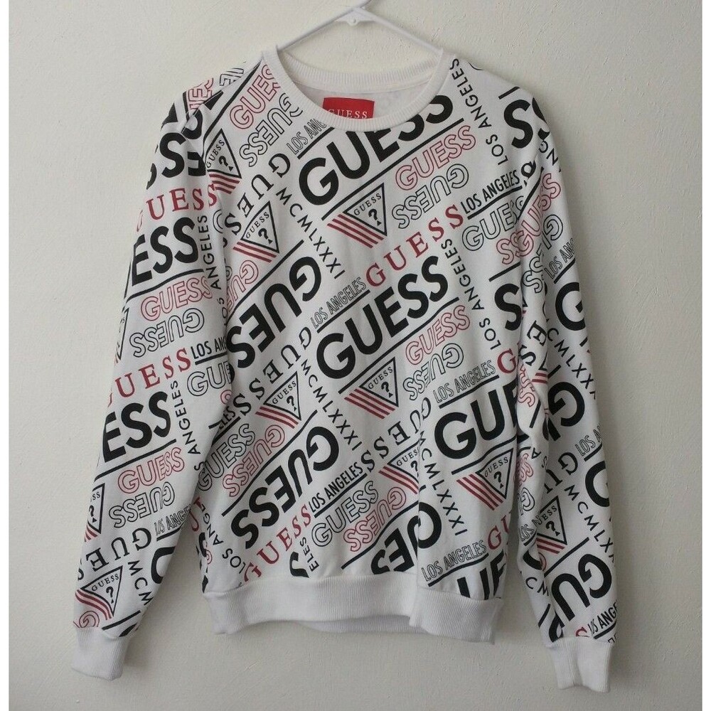 Guess Crew Neck Sweatshirt Graphic Logo Print Sz S White Red Black Soft (189)